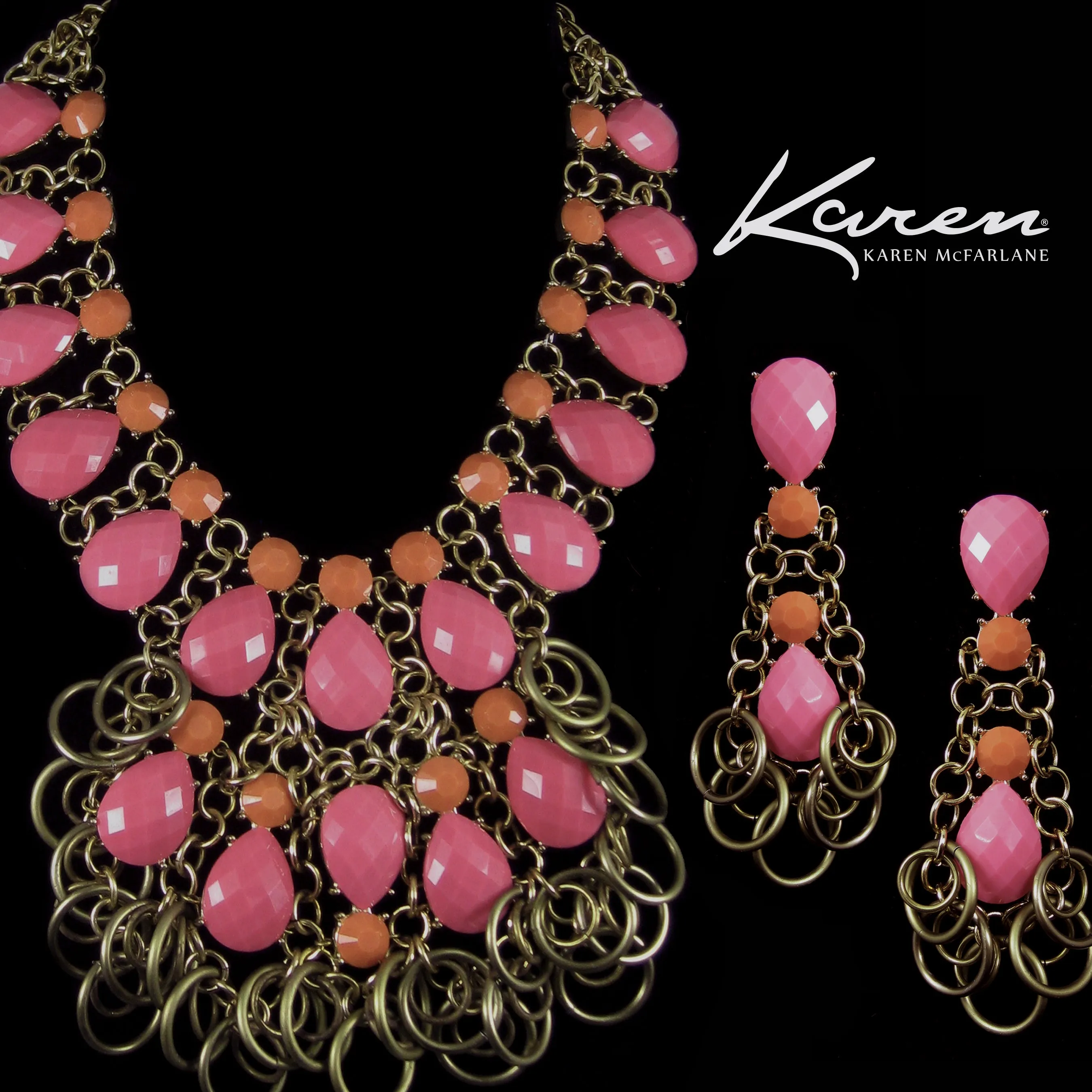 #1041e Pink, Orange & Gold Tone Long Drop Earrings