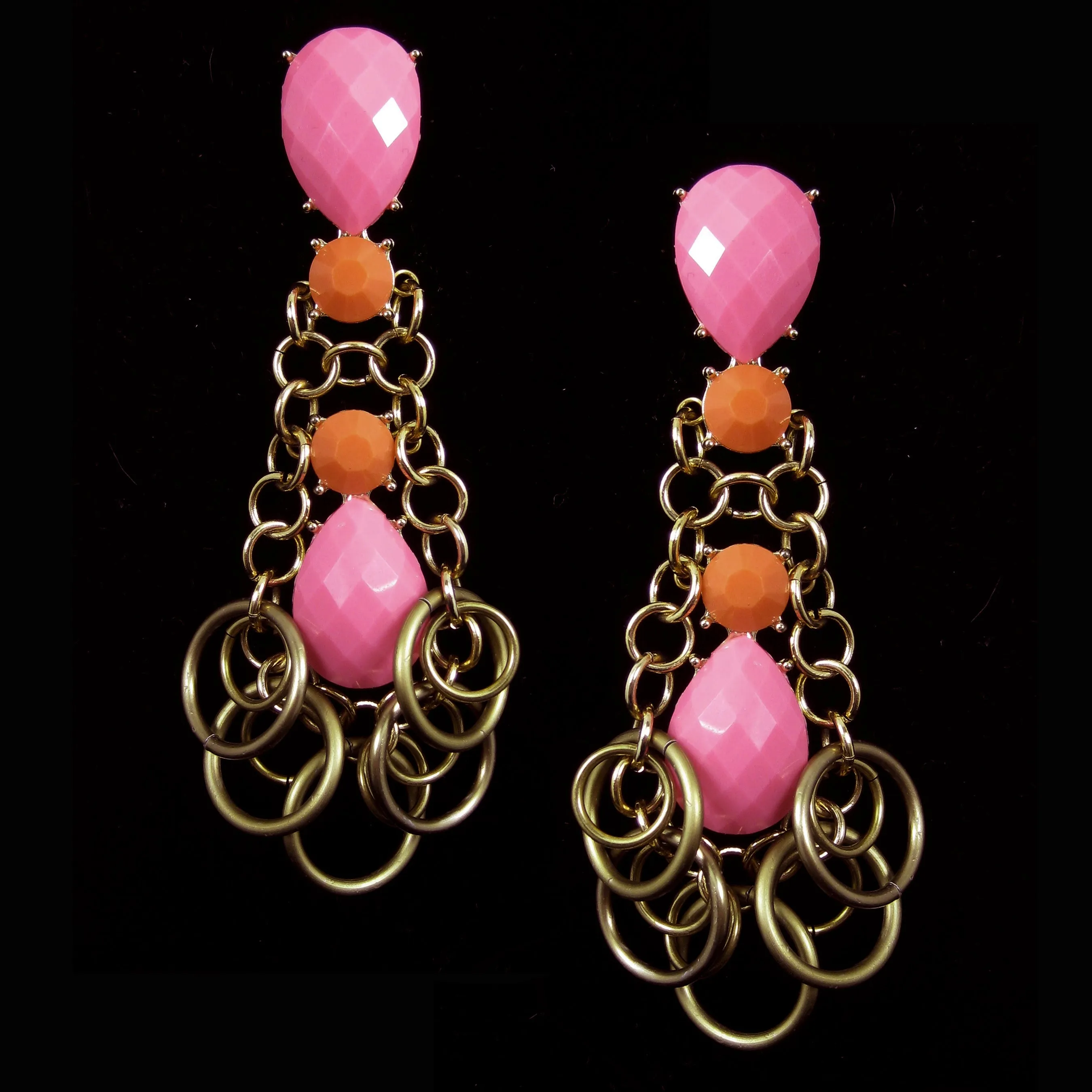 #1041e Pink, Orange & Gold Tone Long Drop Earrings