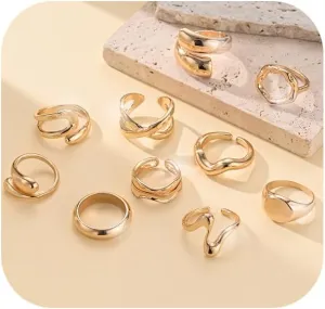 10PCS Chunky Gold Rings Set for Women 14K Gold Plated Chunky Stacking Knuckle Irregular Statement Rings Sets Trendy Jewelry Accessories