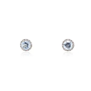 14K WHITE GOLD ROUND AQUAMARINE AND DIAMOND HALO STUD EARRINGS 0.15CTW
