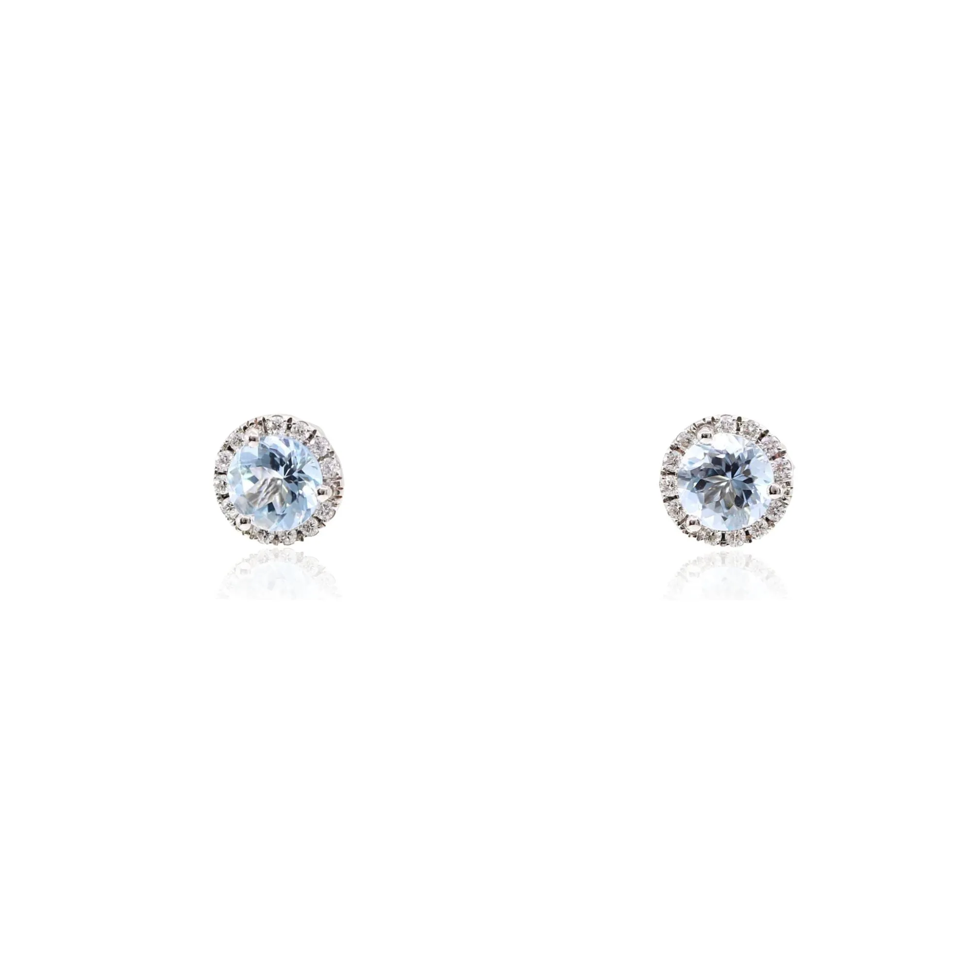 14K WHITE GOLD ROUND AQUAMARINE AND DIAMOND HALO STUD EARRINGS 0.15CTW