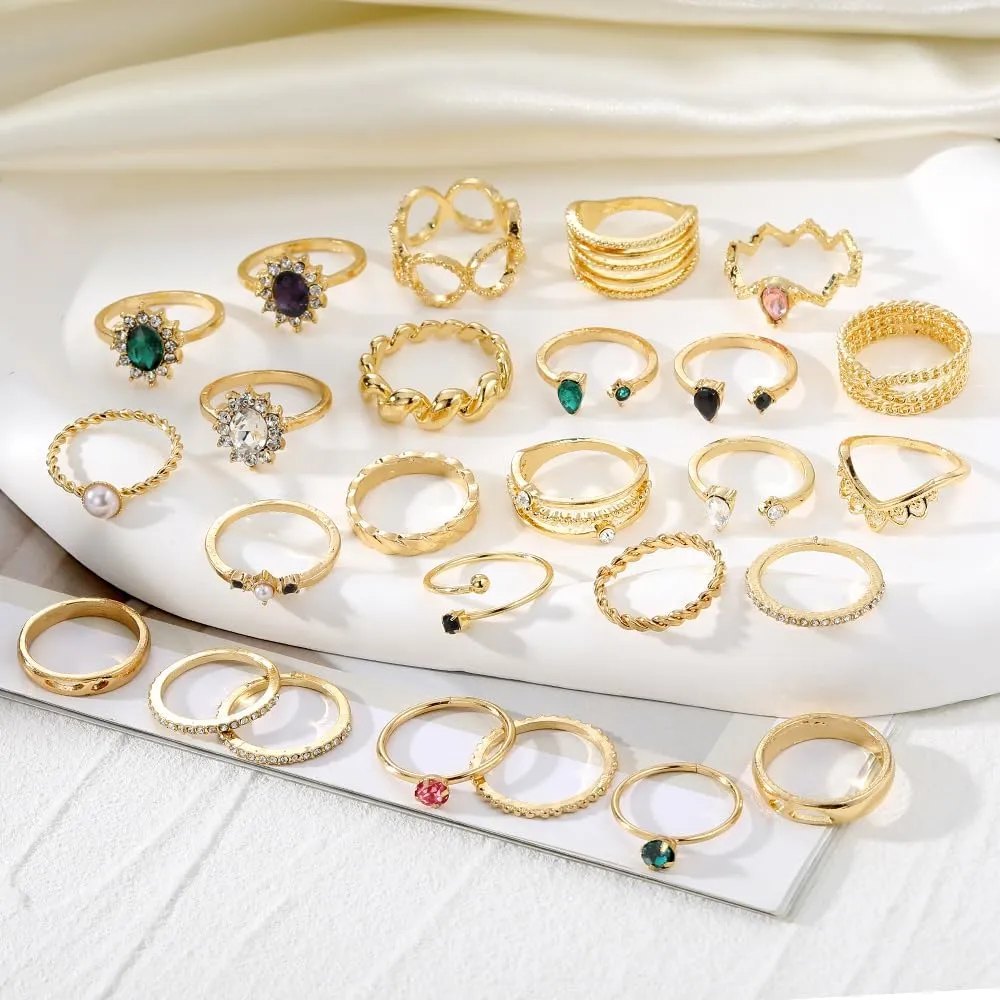 19-36 Pcs Gold Boho Knuckle Rings Set for Women, Vintage Stackable Dainty Joint Finger Gold Jewelry Set with Love Pearl and Sparkling Crystals