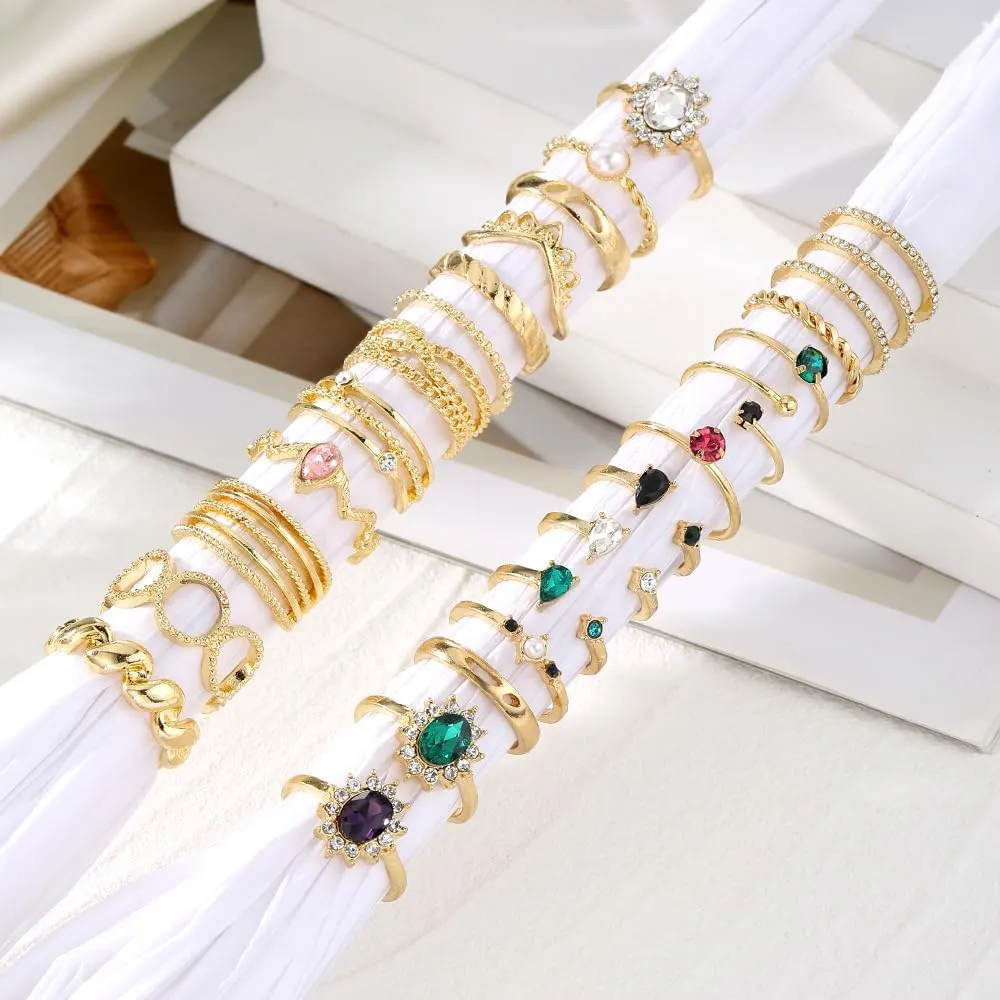19-36 Pcs Gold Boho Knuckle Rings Set for Women, Vintage Stackable Dainty Joint Finger Gold Jewelry Set with Love Pearl and Sparkling Crystals