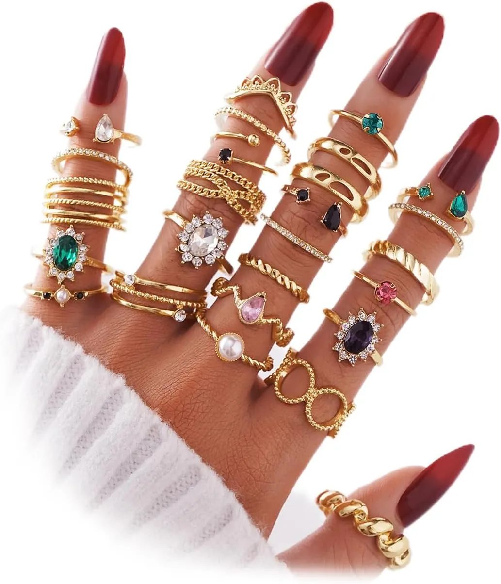 19-36 Pcs Gold Boho Knuckle Rings Set for Women, Vintage Stackable Dainty Joint Finger Gold Jewelry Set with Love Pearl and Sparkling Crystals
