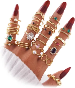 19-36 Pcs Gold Boho Knuckle Rings Set for Women, Vintage Stackable Dainty Joint Finger Gold Jewelry Set with Love Pearl and Sparkling Crystals