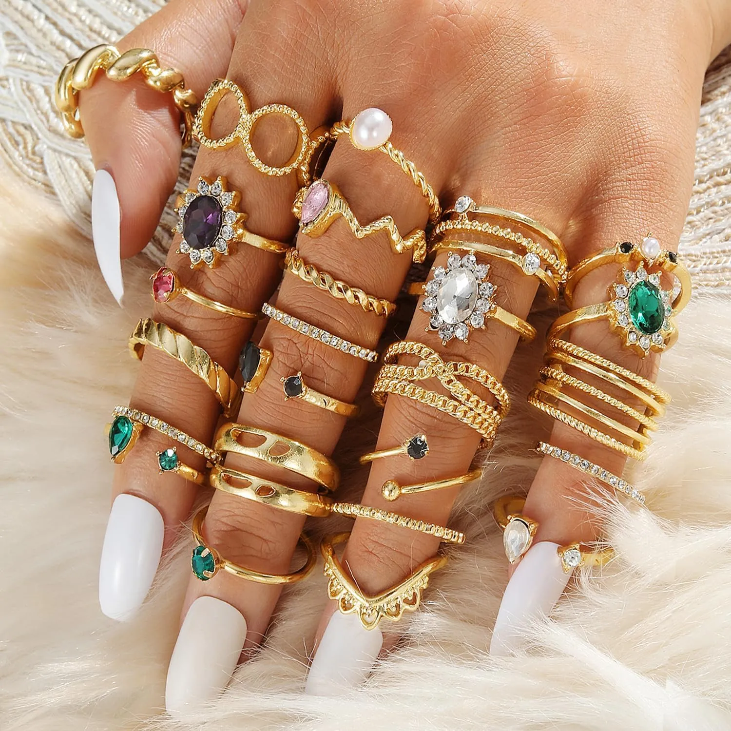 19-36 Pcs Gold Boho Knuckle Rings Set for Women, Vintage Stackable Dainty Joint Finger Gold Jewelry Set with Love Pearl and Sparkling Crystals