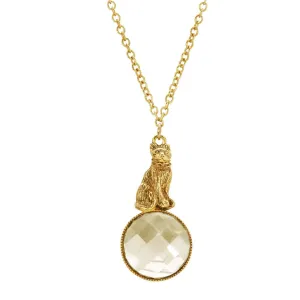 1928 Jewelry Sitting Cat On Round Light Topaz Stone Pendant Necklace 28"