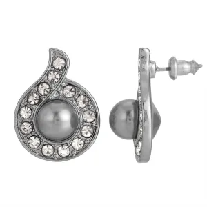 1928 Jewelry Tahitian Grey Faux Pearl Black Diamond Crystal Accent Button Earrings