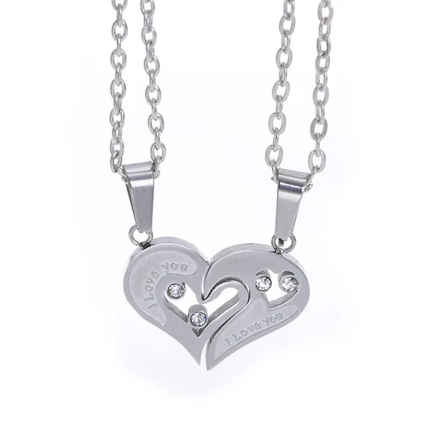 2pcs Heart-shape "I Love You" Stainless Steel Couple Lovers Half Heart Pendant Necklace Puzzle pendant necklace(One Pair)