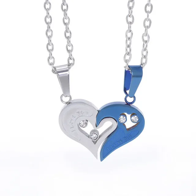 2pcs Heart-shape "I Love You" Stainless Steel Couple Lovers Half Heart Pendant Necklace Puzzle pendant necklace(One Pair)