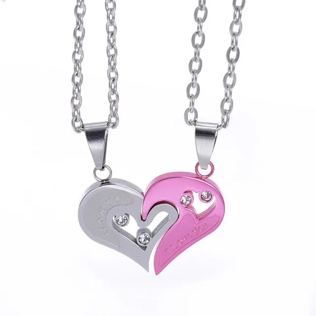 2pcs Heart-shape "I Love You" Stainless Steel Couple Lovers Half Heart Pendant Necklace Puzzle pendant necklace(One Pair)
