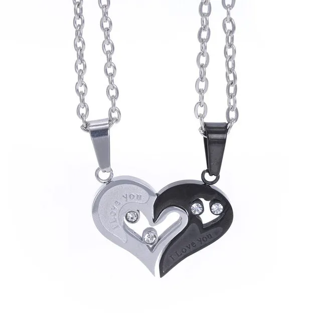 2pcs Heart-shape "I Love You" Stainless Steel Couple Lovers Half Heart Pendant Necklace Puzzle pendant necklace(One Pair)
