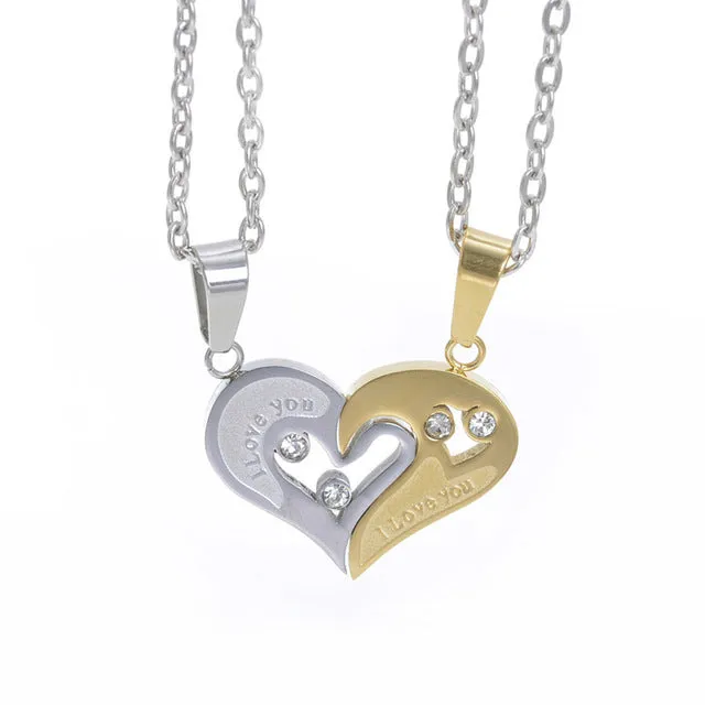 2pcs Heart-shape "I Love You" Stainless Steel Couple Lovers Half Heart Pendant Necklace Puzzle pendant necklace(One Pair)