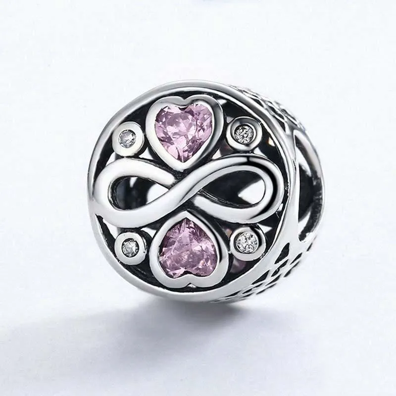 925 Sterling Silver Love Infinity Pink Heart Crystal Charm Bracelet