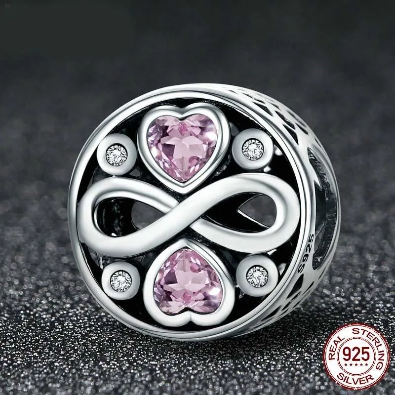 925 Sterling Silver Love Infinity Pink Heart Crystal Charm Bracelet