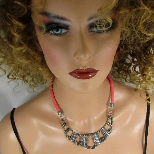 Affordable Tribal Bib Necklace with Pink Leather Cord