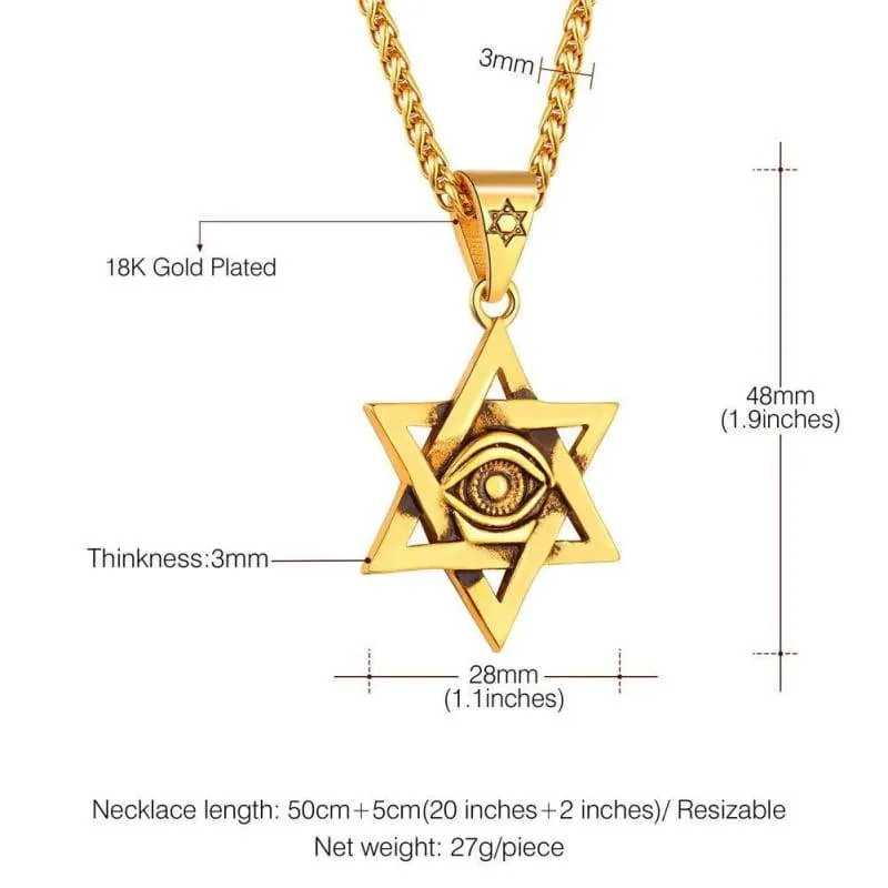 Antique Black Gold Plated Star of David Necklace Eye of Horus Pendant with Spiga Chain 22 Inch