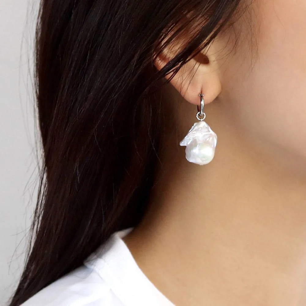 Baroque Pearl Silver Tone Mini Hoop Earrings