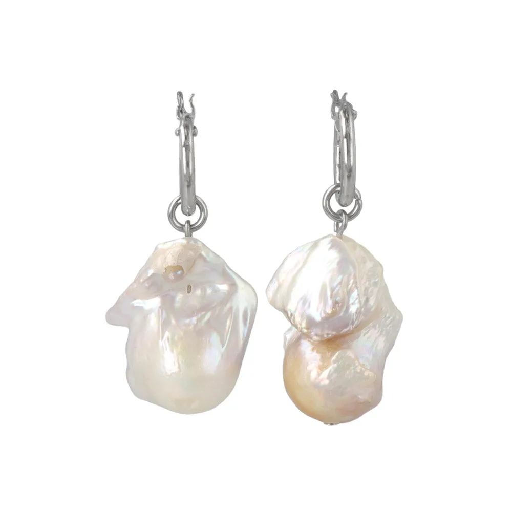 Baroque Pearl Silver Tone Mini Hoop Earrings