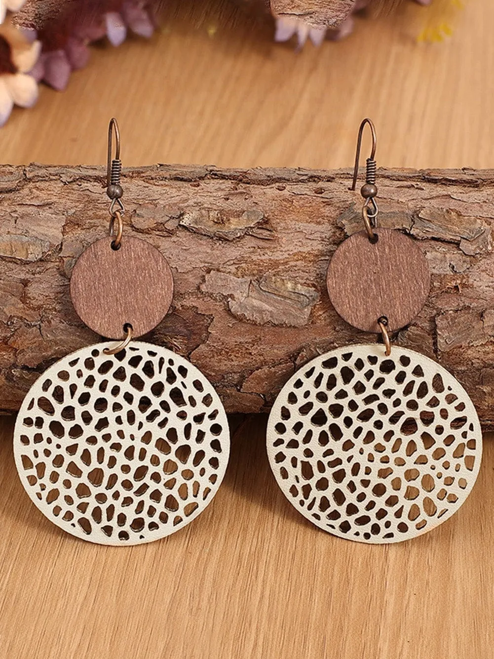 Beige Wooden Boho Round Drop Earrings