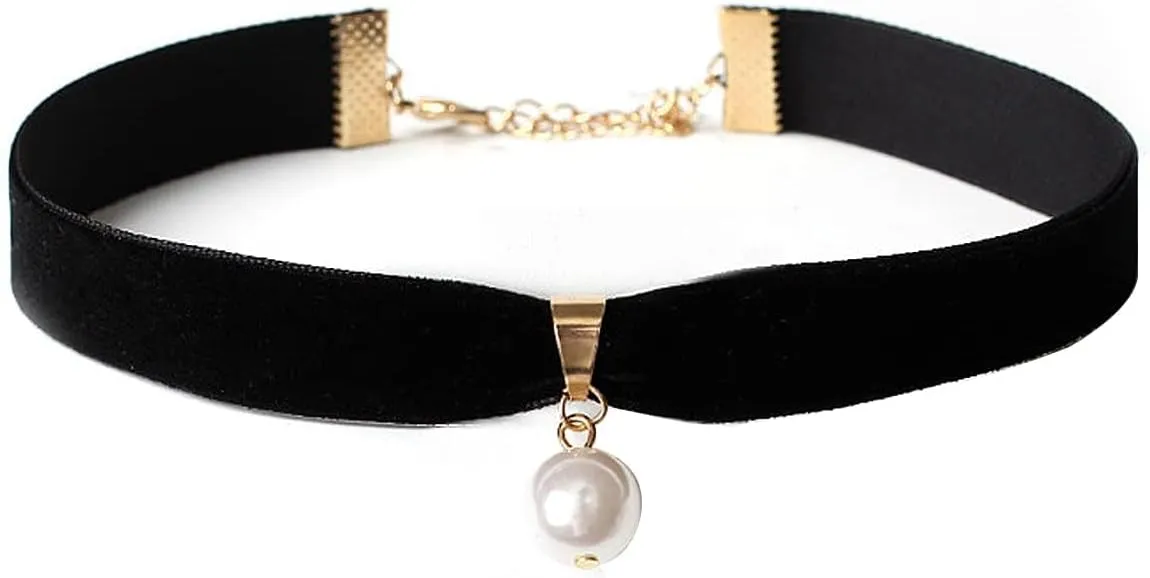 Black Velvet Choker Necklace,Black Choker Necklace for Women,Adjustable Gothic Pearl Choker Necklace,Y2K Black Choker Classic Choker Collar for Valentines Day Halloween Cosplay Party Jewelry