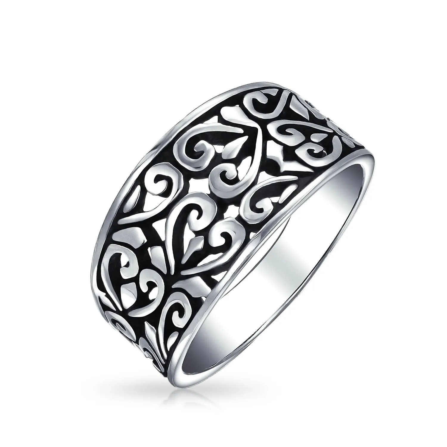 Boho .925 Sterling Silver Open Swirl Filigree Wide Band Ring 7MM
