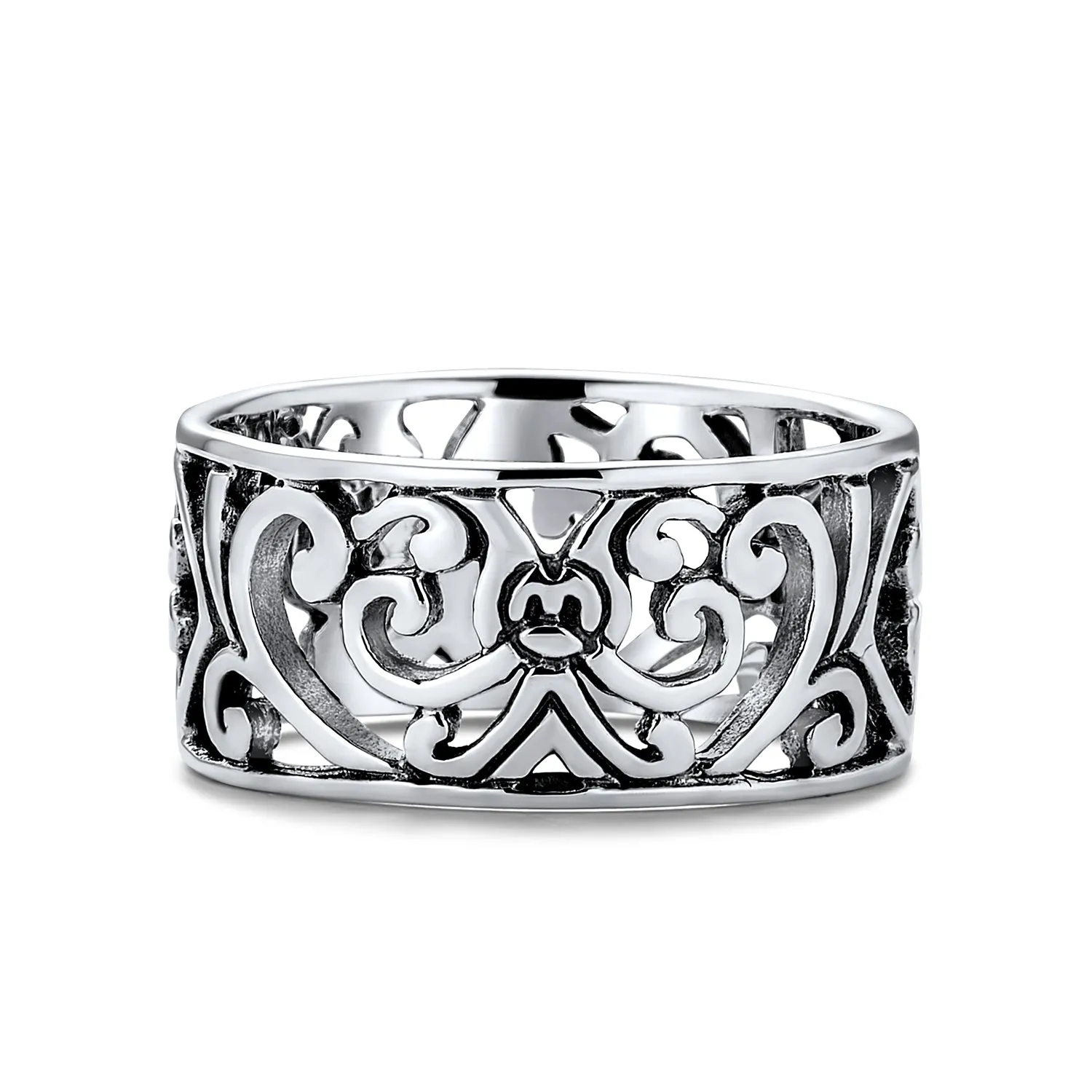 Boho .925 Sterling Silver Open Swirl Filigree Wide Band Ring 7MM