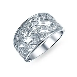 Boho .925 Sterling Silver Open Swirl Filigree Wide Band Ring 7MM