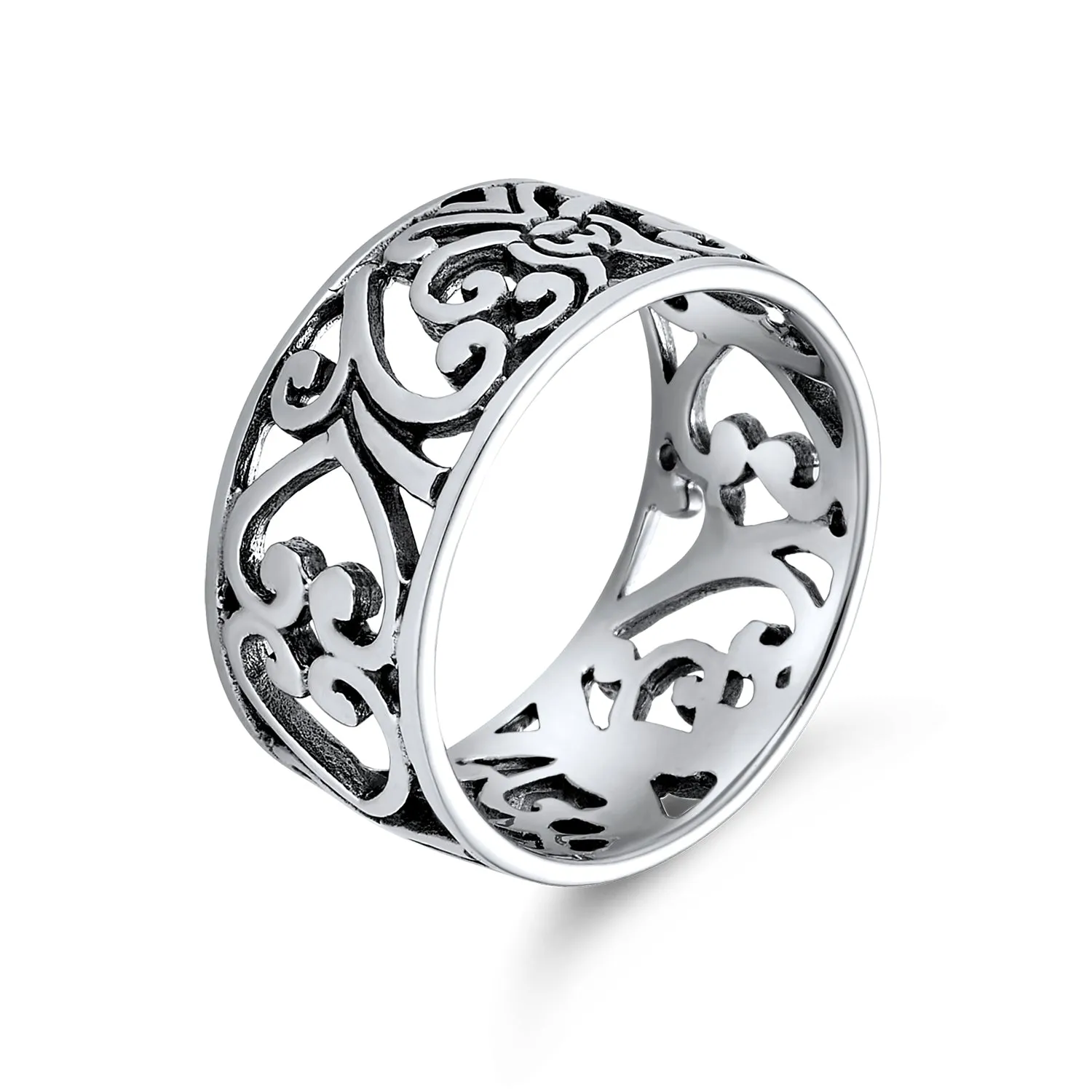 Boho .925 Sterling Silver Open Swirl Filigree Wide Band Ring 7MM