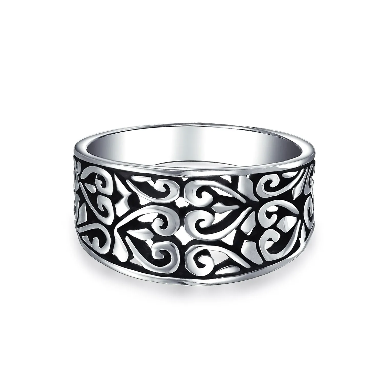 Boho .925 Sterling Silver Open Swirl Filigree Wide Band Ring 7MM