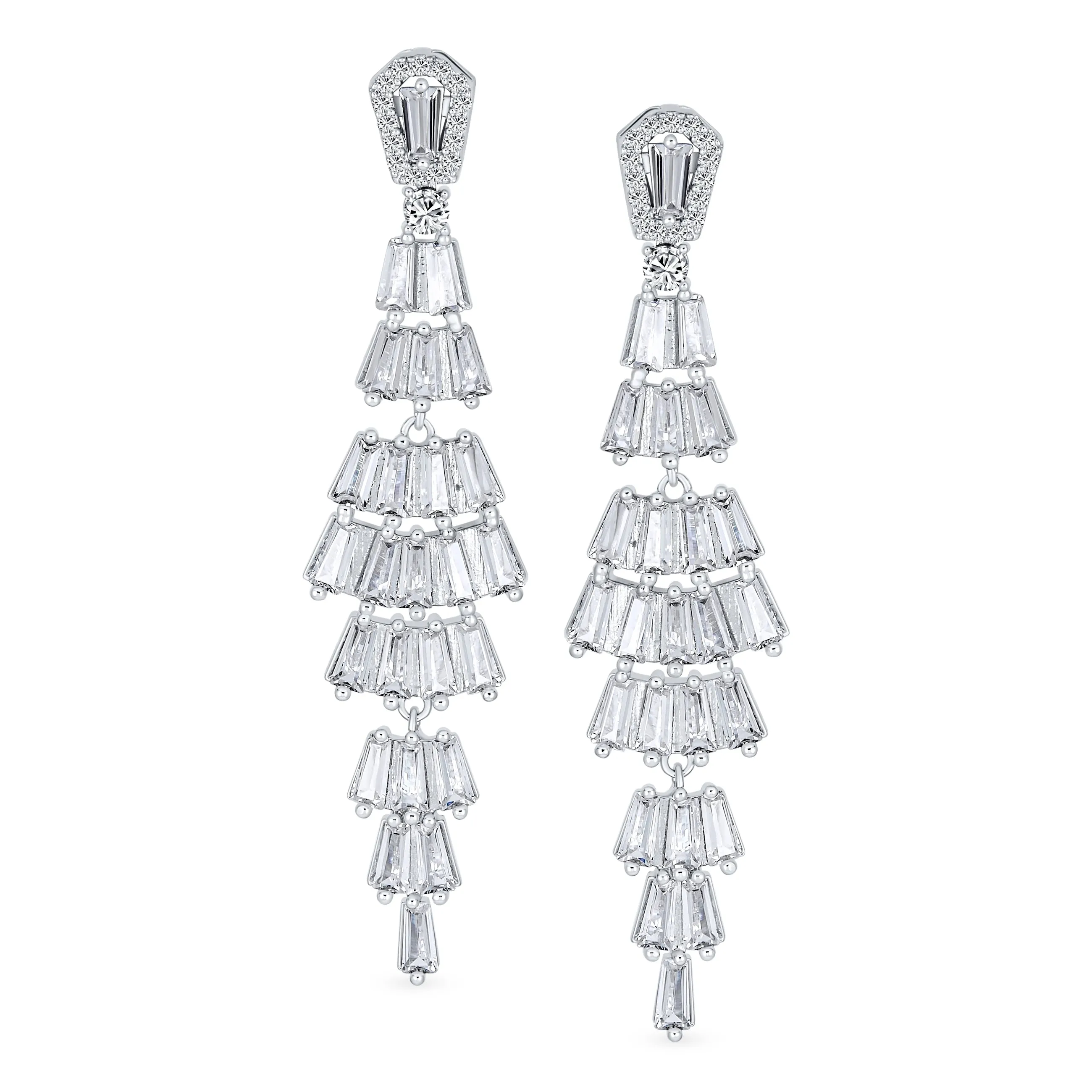 Bridal CZ Dangle Chandelier Earrings Art Deco Style Silver Plated Prom Jewelry