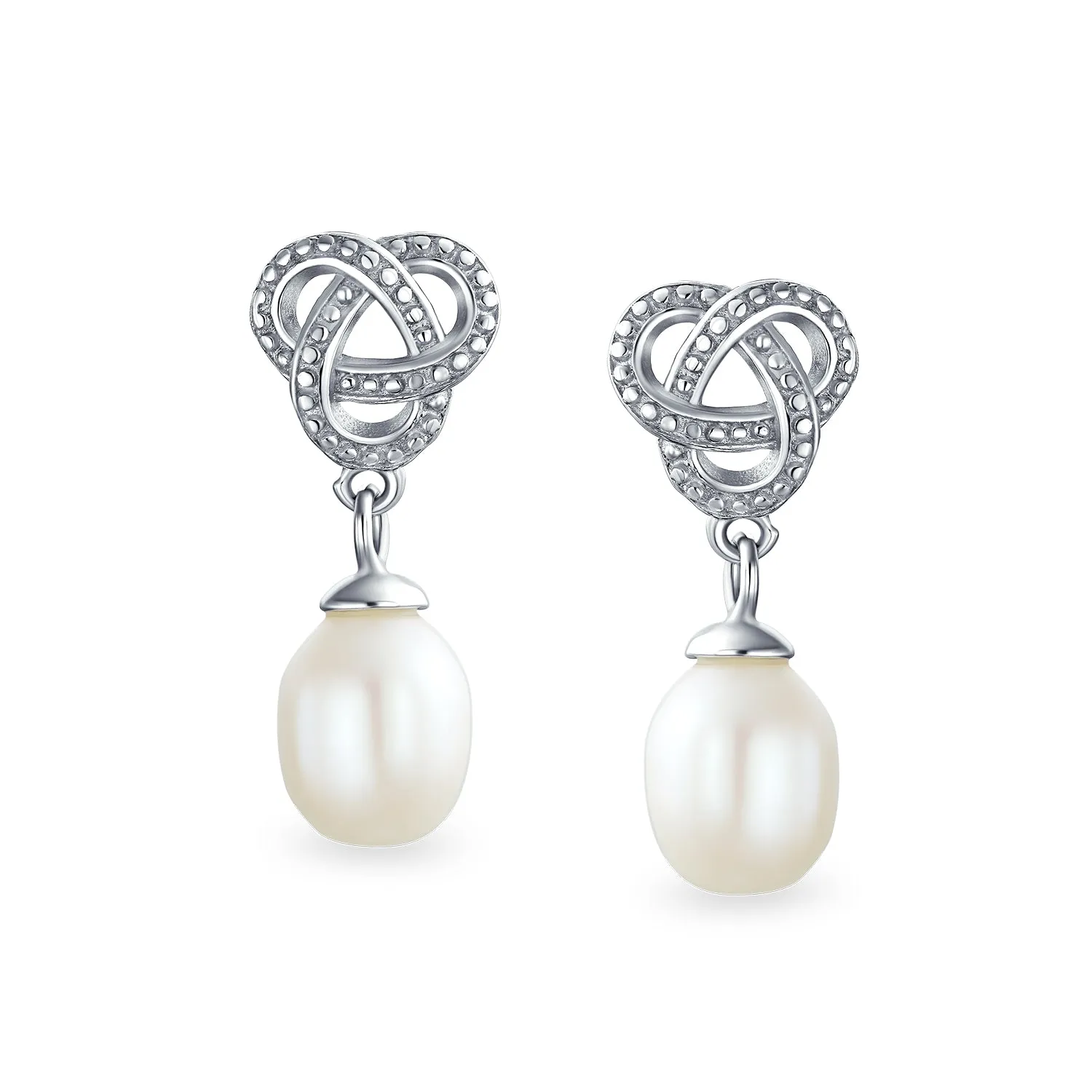 Bridal Love Knot Pearl Teardrop Dangle Earrings for Prom in Sterling Silver