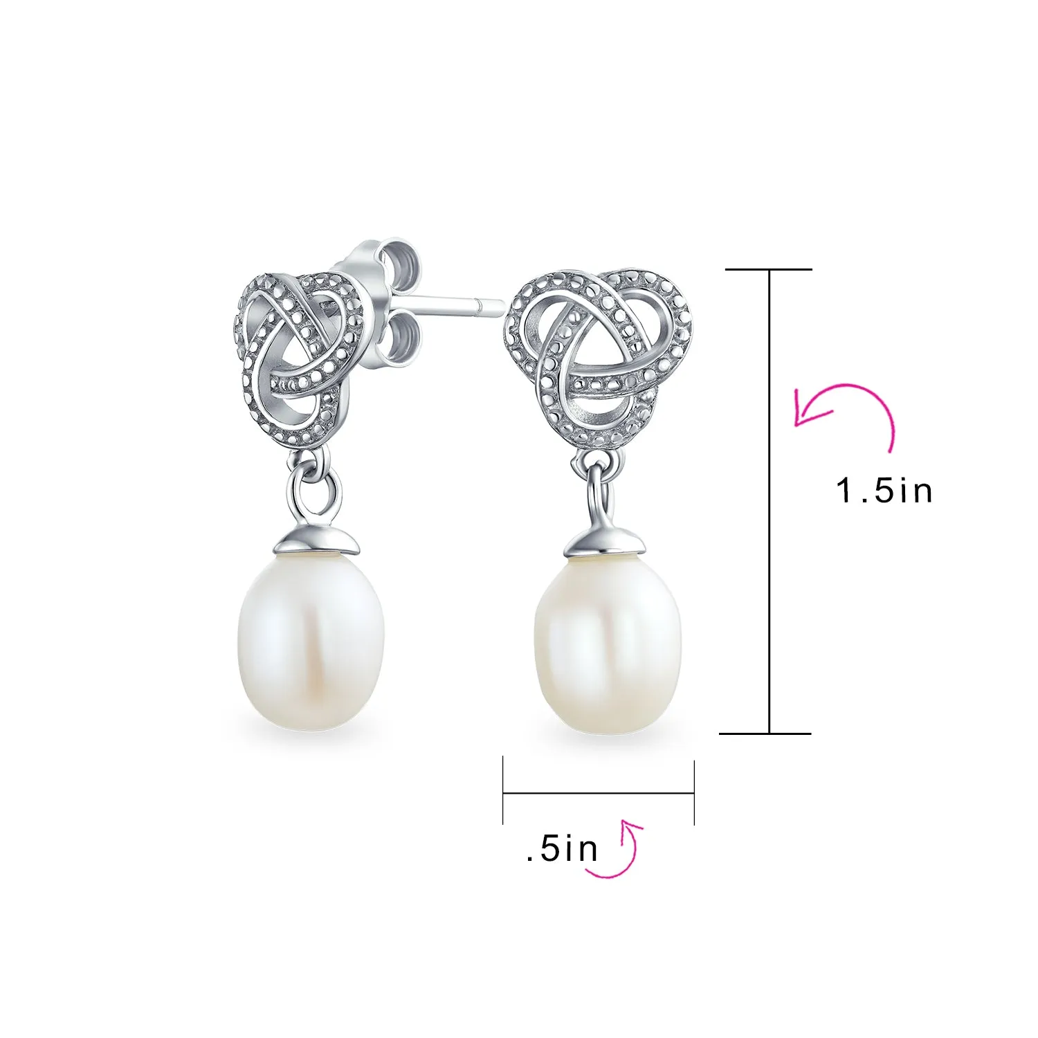 Bridal Love Knot Pearl Teardrop Dangle Earrings for Prom in Sterling Silver