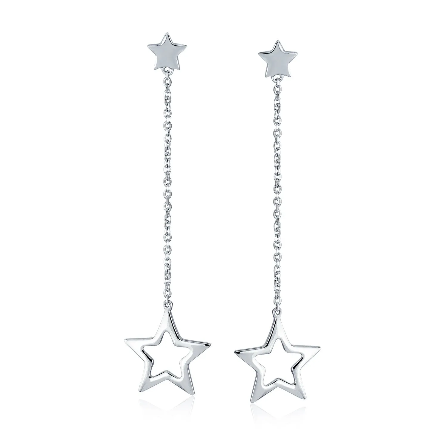 Celestial Patriotic USA Star Chain Dangle Earrings Sterling Silver 2.5 Inch
