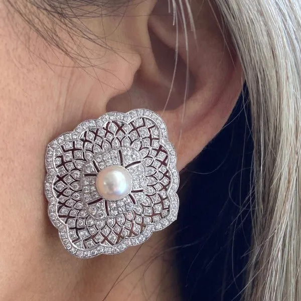 Estate Filigree Pearl & Diamond Earrings