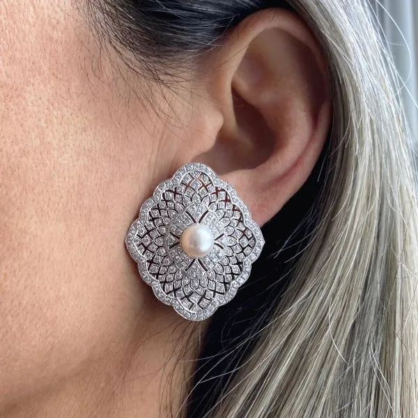 Estate Filigree Pearl & Diamond Earrings