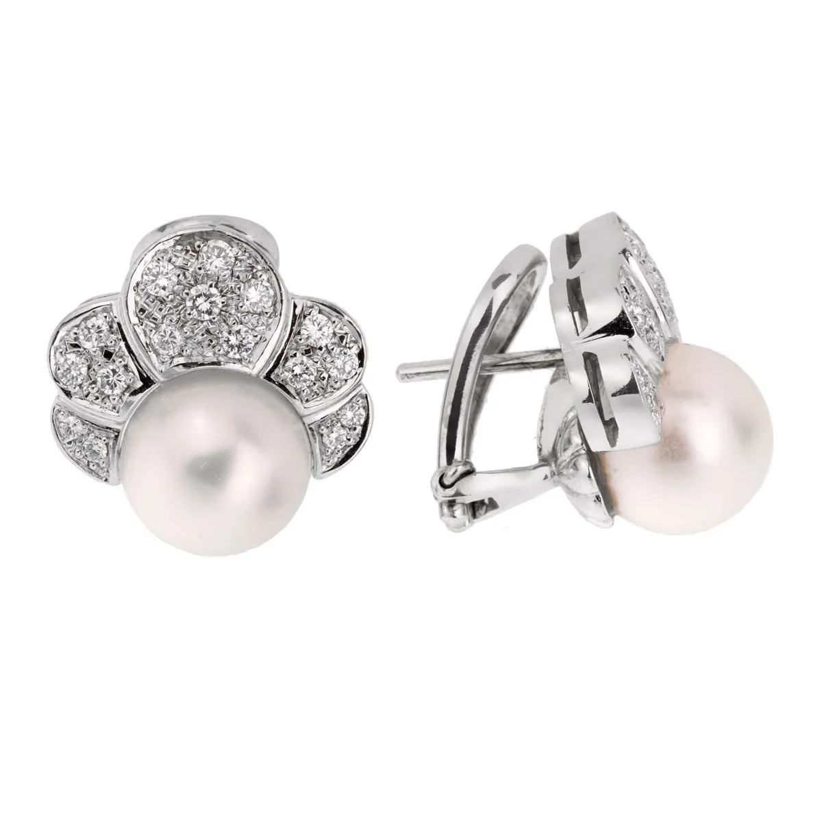 Estate Pearl Diamond White Gold Earrings