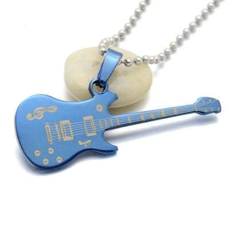 Fashion Silver Blue Black Stainless Steel Music Guitar Pendant Necklace Jewelry For Women & Men Chain 60cm Long