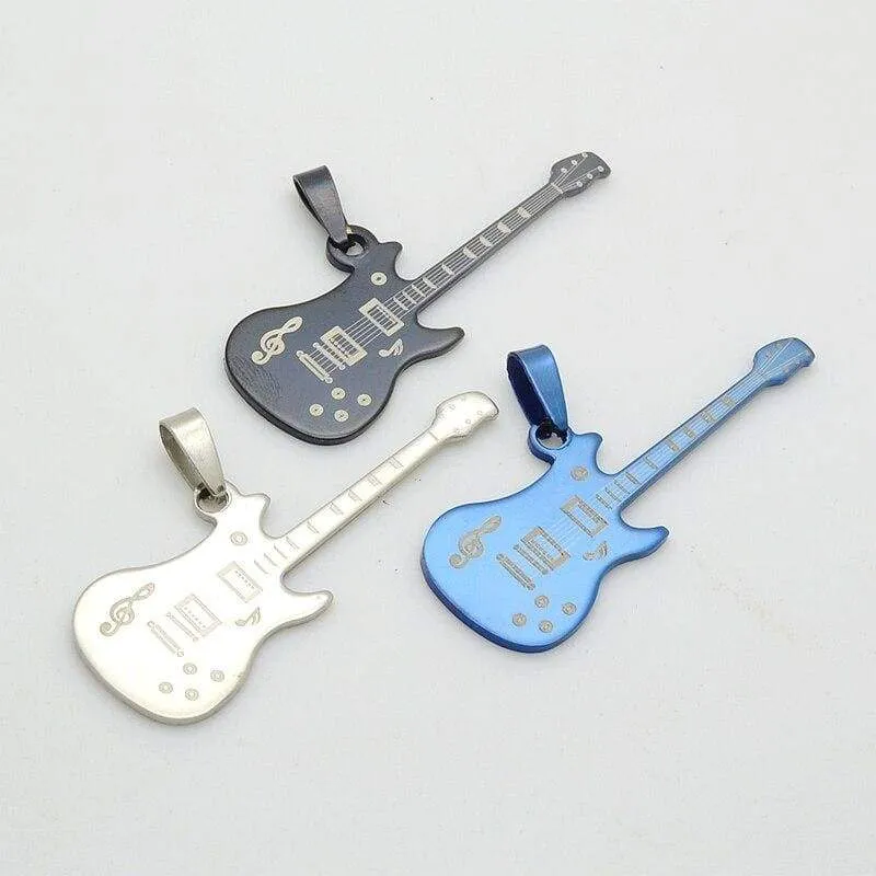 Fashion Silver Blue Black Stainless Steel Music Guitar Pendant Necklace Jewelry For Women & Men Chain 60cm Long