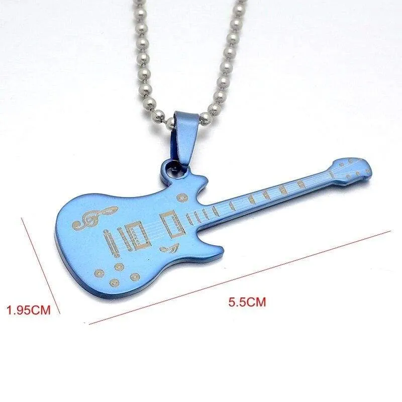 Fashion Silver Blue Black Stainless Steel Music Guitar Pendant Necklace Jewelry For Women & Men Chain 60cm Long
