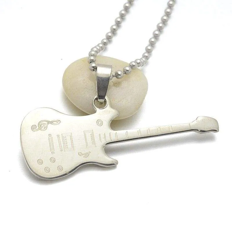 Fashion Silver Blue Black Stainless Steel Music Guitar Pendant Necklace Jewelry For Women & Men Chain 60cm Long