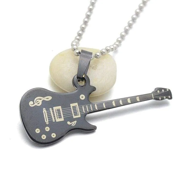 Fashion Silver Blue Black Stainless Steel Music Guitar Pendant Necklace Jewelry For Women & Men Chain 60cm Long