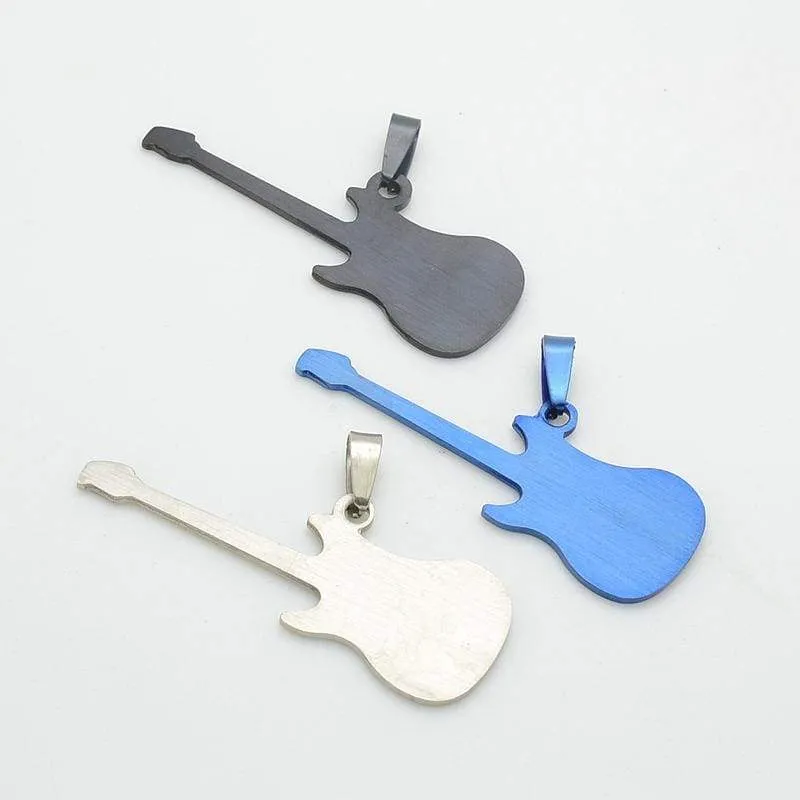 Fashion Silver Blue Black Stainless Steel Music Guitar Pendant Necklace Jewelry For Women & Men Chain 60cm Long