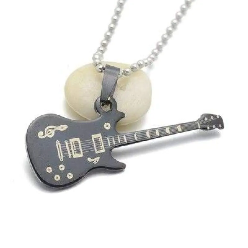 Fashion Silver Blue Black Stainless Steel Music Guitar Pendant Necklace Jewelry For Women & Men Chain 60cm Long
