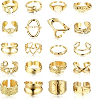 FIBO STEEL 20 Pcs Gold Chunky Rings for Women 18K Gold Plated Ring Set Dome Thick Open Rings Adjustable