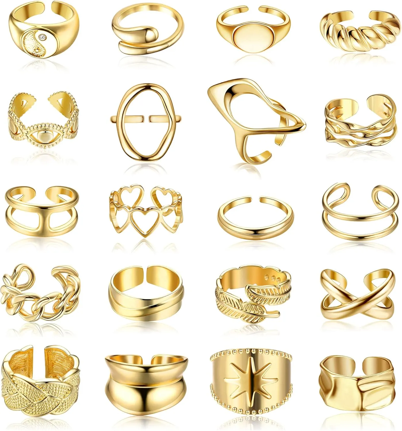 FIBO STEEL 20 Pcs Gold Chunky Rings for Women 18K Gold Plated Ring Set Dome Thick Open Rings Adjustable