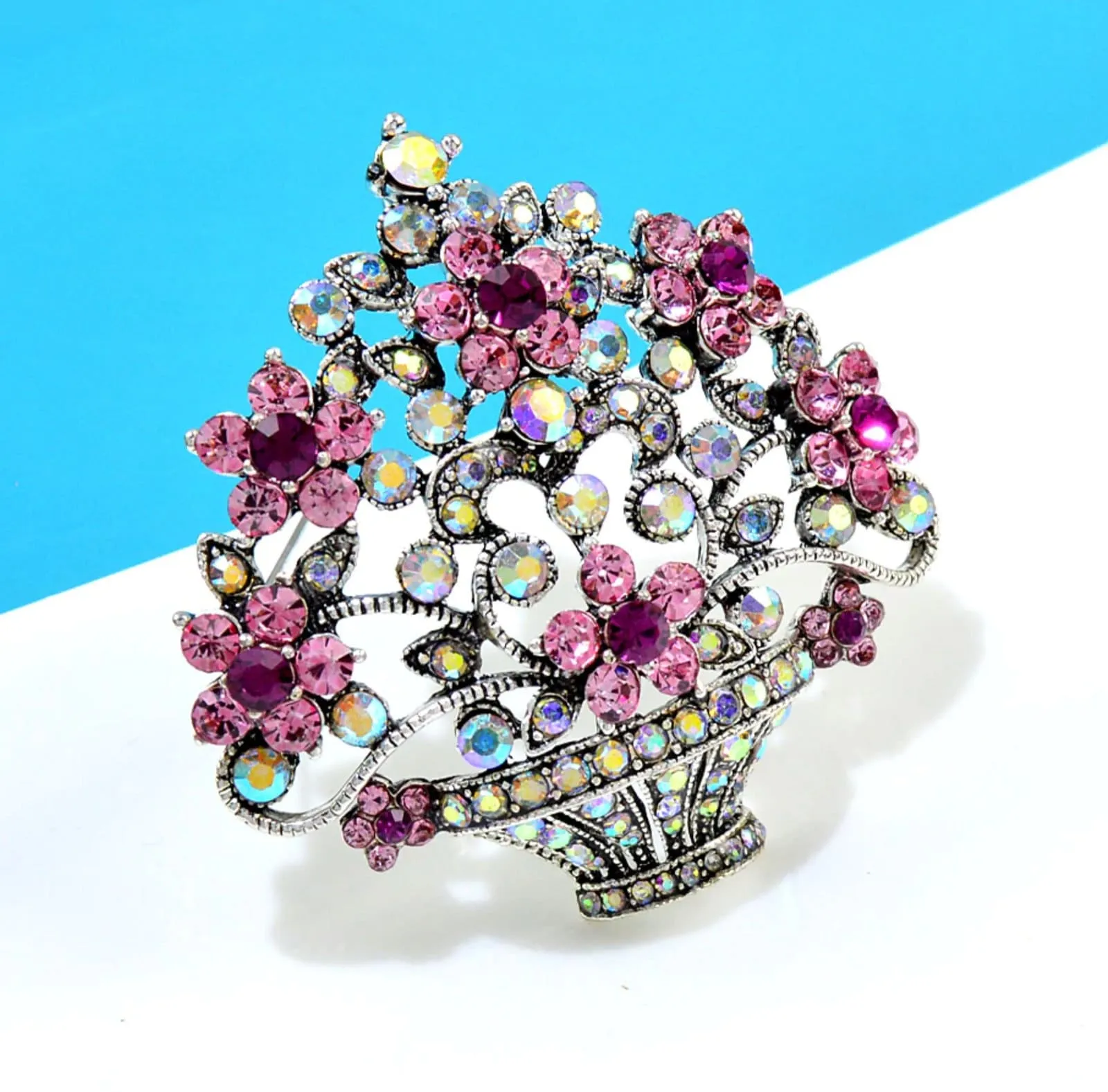Flower basket brooch vintage look stunning diamonte silver plated broach pin j58