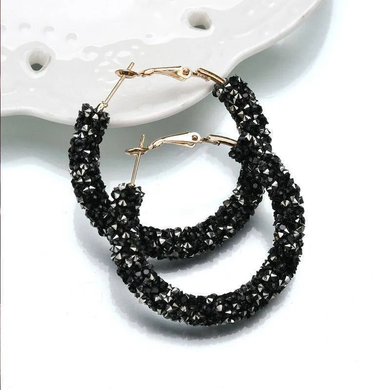 Fun-Tastic Crystal Bold Hoop Earrings for Women in Black, Iridescent Black, or Opalescent White
