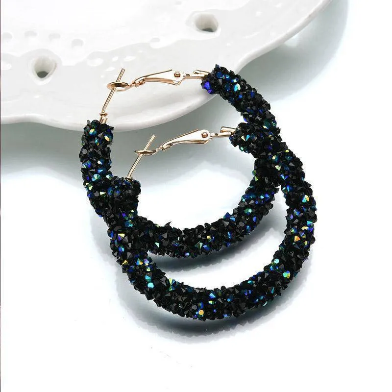 Fun-Tastic Crystal Bold Hoop Earrings for Women in Black, Iridescent Black, or Opalescent White