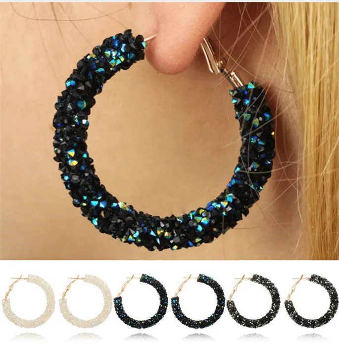 Fun-Tastic Crystal Bold Hoop Earrings for Women in Black, Iridescent Black, or Opalescent White